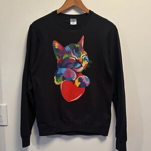 Port & Company Black Graphic Cat Crewneck Sweatshirt Rainbow Art Small